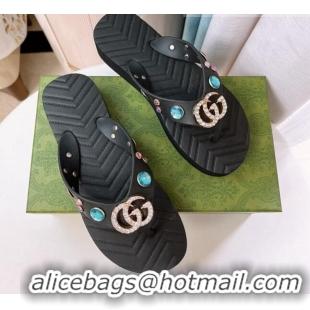 Pretty Style Gucci Rubber Flat Slide Sandals with Crystal Black 101106