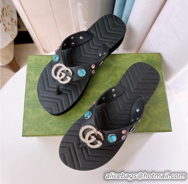 Pretty Style Gucci Rubber Flat Slide Sandals with Crystal Black 101106