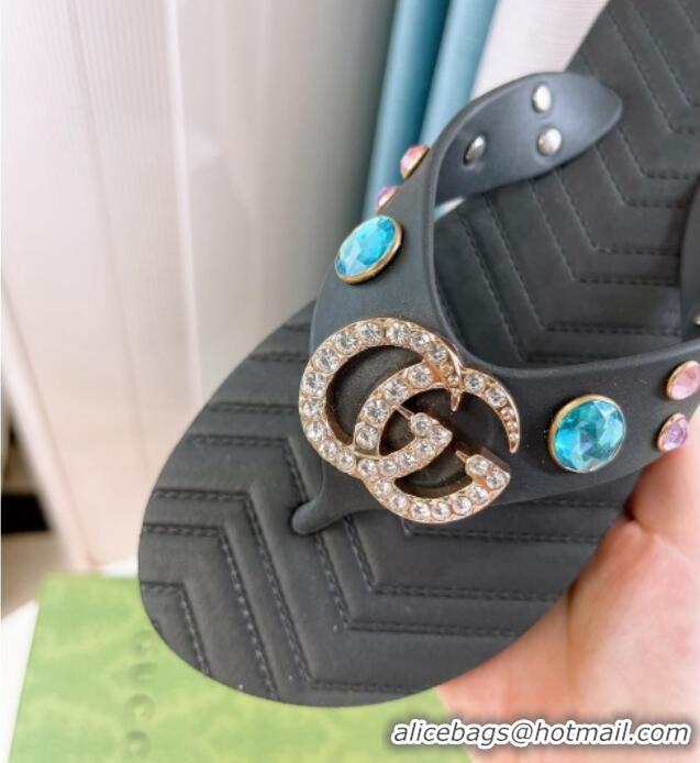 Pretty Style Gucci Rubber Flat Slide Sandals with Crystal Black 101106