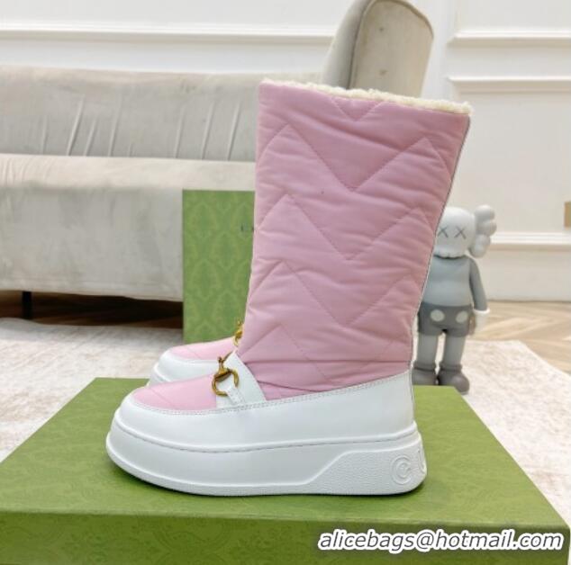 Popular Style Gucci Half Flat Nylon Boots with Horsebit Pink/White 1101109