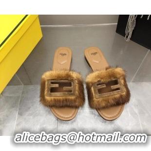 Sophisticated Fendi Signature Mink Fur Flat Slide Sandals Brown 080972