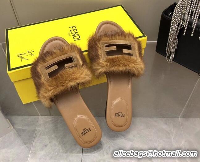 Sophisticated Fendi Signature Mink Fur Flat Slide Sandals Brown 080972