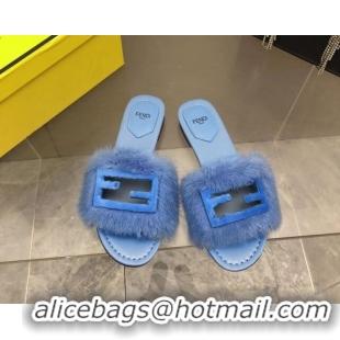 Cheap Fendi Signature Mink Fur Flat Slide Sandals Blue 080973