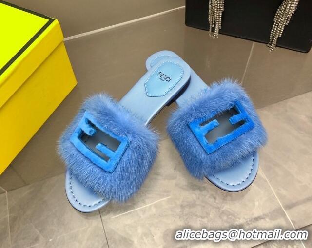 Cheap Fendi Signature Mink Fur Flat Slide Sandals Blue 080973