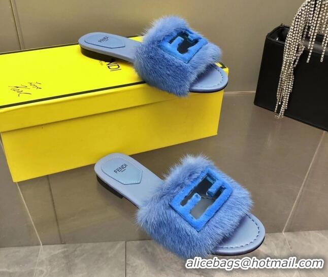 Cheap Fendi Signature Mink Fur Flat Slide Sandals Blue 080973