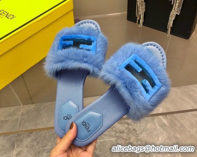 Cheap Fendi Signature Mink Fur Flat Slide Sandals Blue 080973