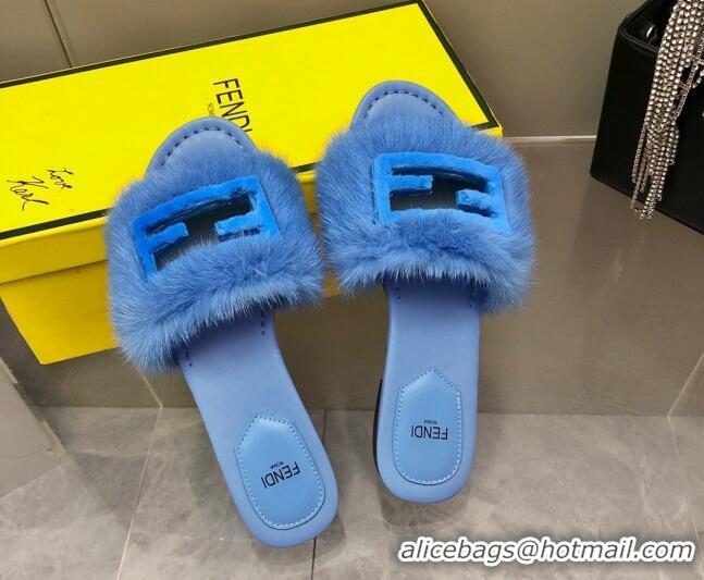 Cheap Fendi Signature Mink Fur Flat Slide Sandals Blue 080973