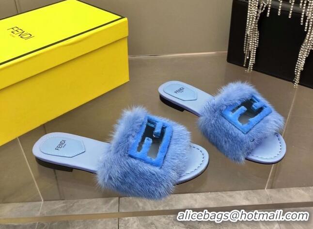 Cheap Fendi Signature Mink Fur Flat Slide Sandals Blue 080973