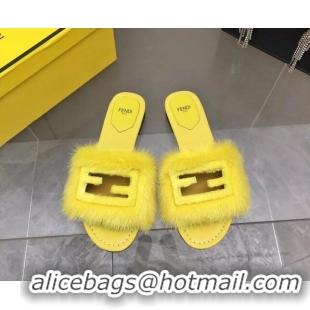 Luxury Discount Fendi Signature Mink Fur Flat Slide Sandals Yellow 080974