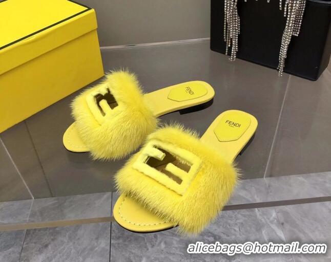 Luxury Discount Fendi Signature Mink Fur Flat Slide Sandals Yellow 080974