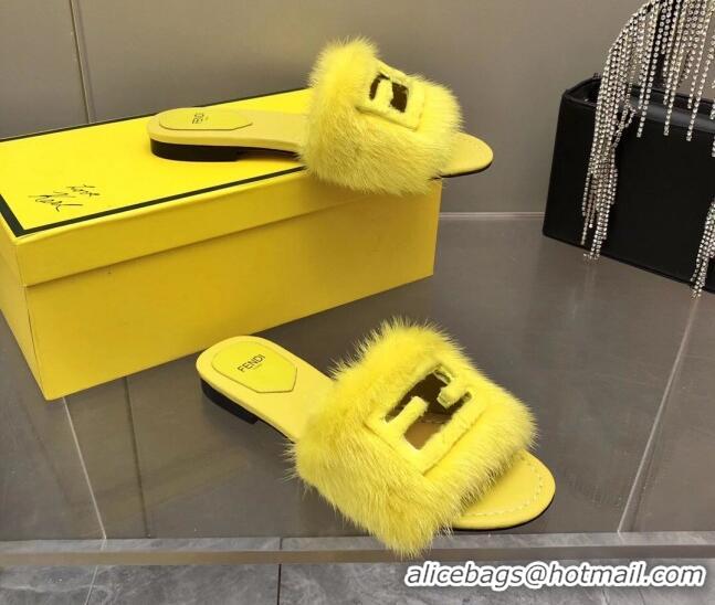 Luxury Discount Fendi Signature Mink Fur Flat Slide Sandals Yellow 080974