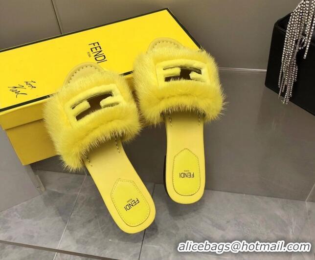 Luxury Discount Fendi Signature Mink Fur Flat Slide Sandals Yellow 080974