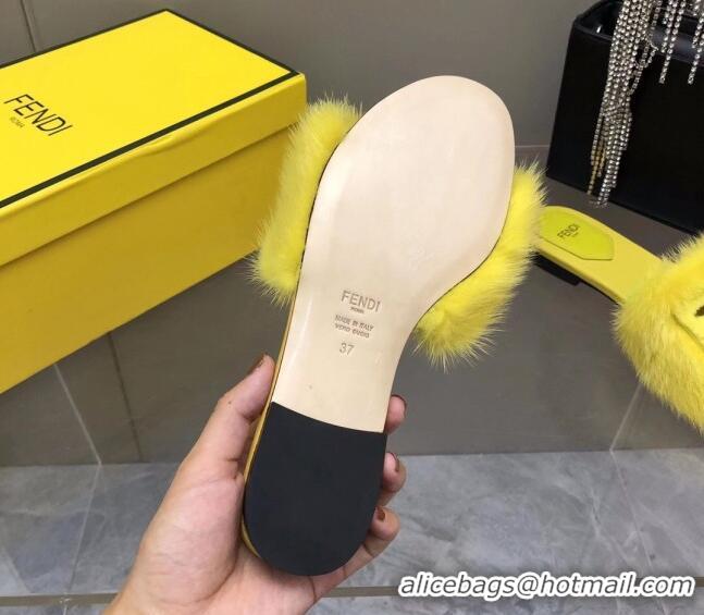 Luxury Discount Fendi Signature Mink Fur Flat Slide Sandals Yellow 080974