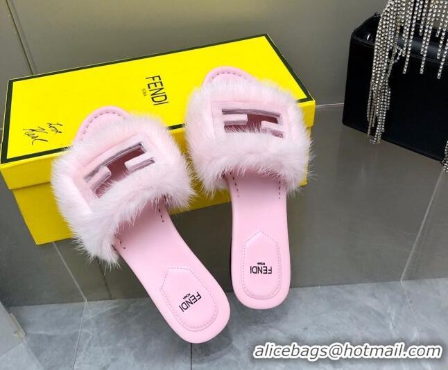 Luxury Fendi Signature Mink Fur Flat Slide Sandals Light Pink 2080975