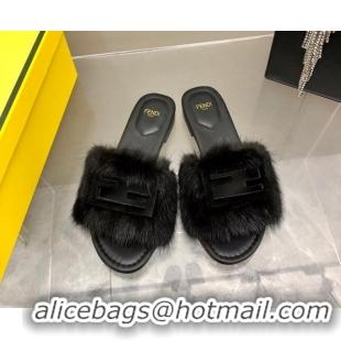 Stylish Fendi Signature Mink Fur Flat Slide Sandals Black 080976