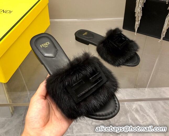 Stylish Fendi Signature Mink Fur Flat Slide Sandals Black 080976