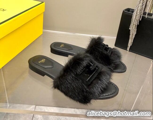 Stylish Fendi Signature Mink Fur Flat Slide Sandals Black 080976