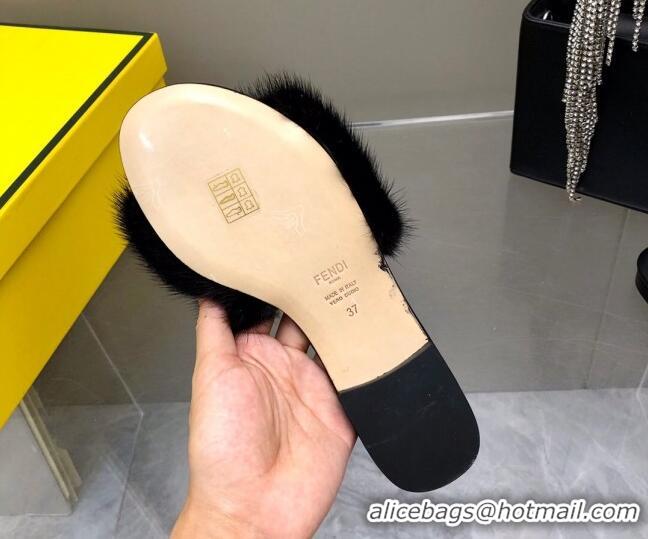 Stylish Fendi Signature Mink Fur Flat Slide Sandals Black 080976