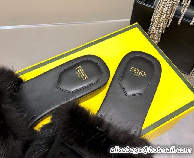 Stylish Fendi Signature Mink Fur Flat Slide Sandals Black 080976