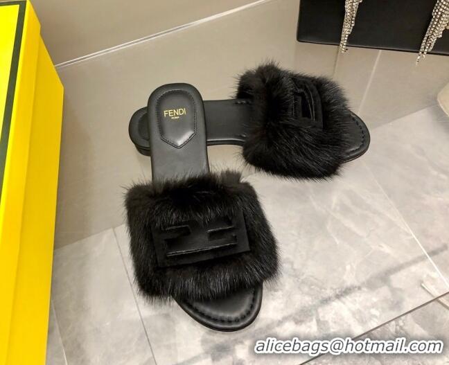 Stylish Fendi Signature Mink Fur Flat Slide Sandals Black 080976