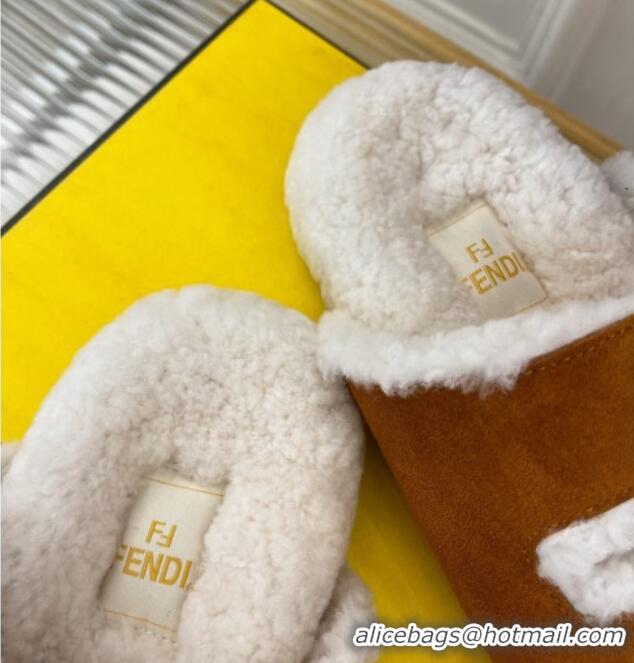 Good Product Fendi Feel Shearling Flat Slide Sandals Brown Suede 090867