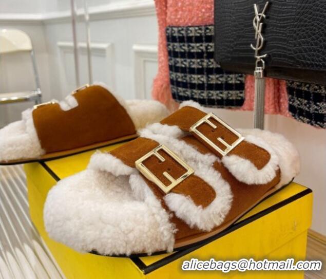 Good Product Fendi Feel Shearling Flat Slide Sandals Brown Suede 090867