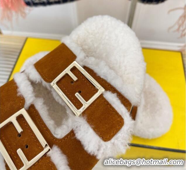 Good Product Fendi Feel Shearling Flat Slide Sandals Brown Suede 090867