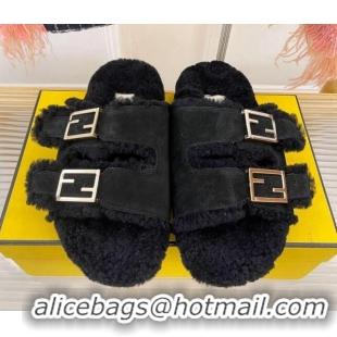 Shop Duplicate Fendi Feel Shearling Flat Slide Sandals Black Suede 2090868