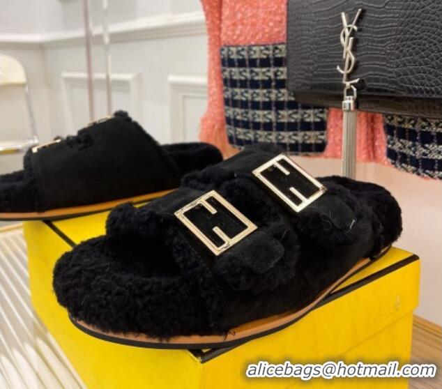 Shop Duplicate Fendi Feel Shearling Flat Slide Sandals Black Suede 2090868