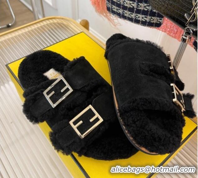 Shop Duplicate Fendi Feel Shearling Flat Slide Sandals Black Suede 2090868