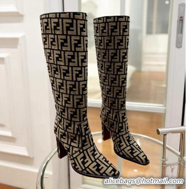 Good Looking Fendi Cut High Boots 10cm in FF Jacquard Brown 092157