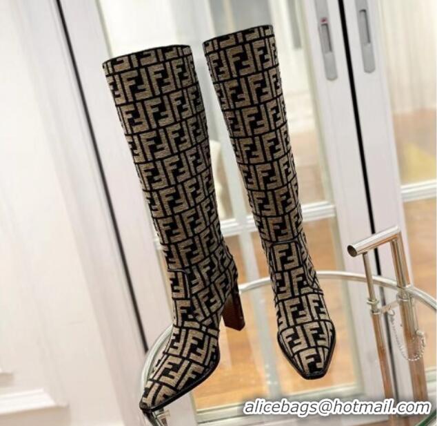 Good Looking Fendi Cut High Boots 10cm in FF Jacquard Brown 092157