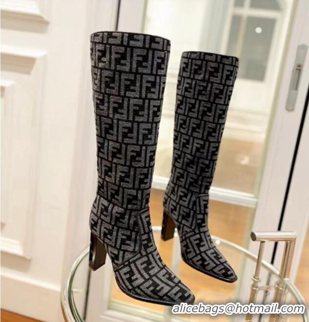 Best Product Fendi Cut High Boots 10cm in FF Jacquard Grey 092158