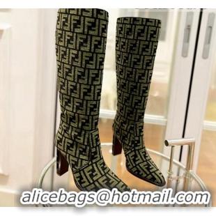 Good Quality Fendi Cut High Boots 10cm in FF Jacquard Green 092159