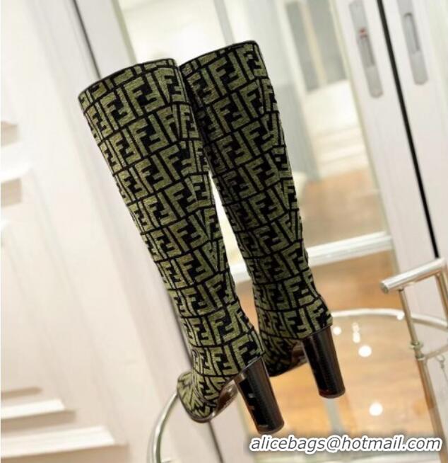 Good Quality Fendi Cut High Boots 10cm in FF Jacquard Green 092159