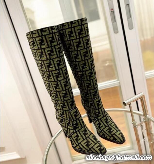 Good Quality Fendi Cut High Boots 10cm in FF Jacquard Green 092159