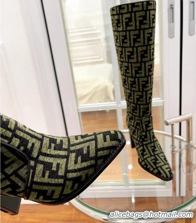 Good Quality Fendi Cut High Boots 10cm in FF Jacquard Green 092159