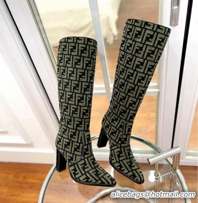 Good Quality Fendi Cut High Boots 10cm in FF Jacquard Green 092159