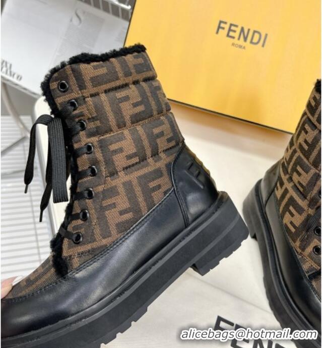 Popular Style Fendi Signature Lace-up Ankle Biker Boots in FF Fabric and Wool Black/Brown 100982