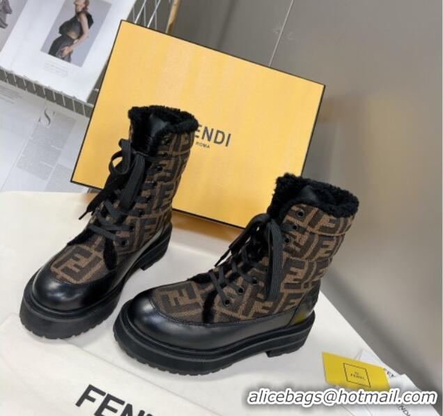 Popular Style Fendi Signature Lace-up Ankle Biker Boots in FF Fabric and Wool Black/Brown 100982