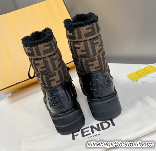 Popular Style Fendi Signature Lace-up Ankle Biker Boots in FF Fabric and Wool Black/Brown 100982