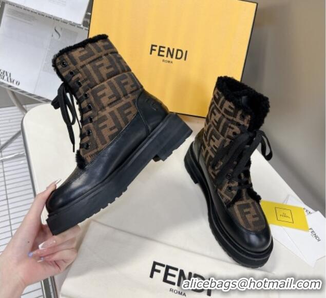 Popular Style Fendi Signature Lace-up Ankle Biker Boots in FF Fabric and Wool Black/Brown 100982