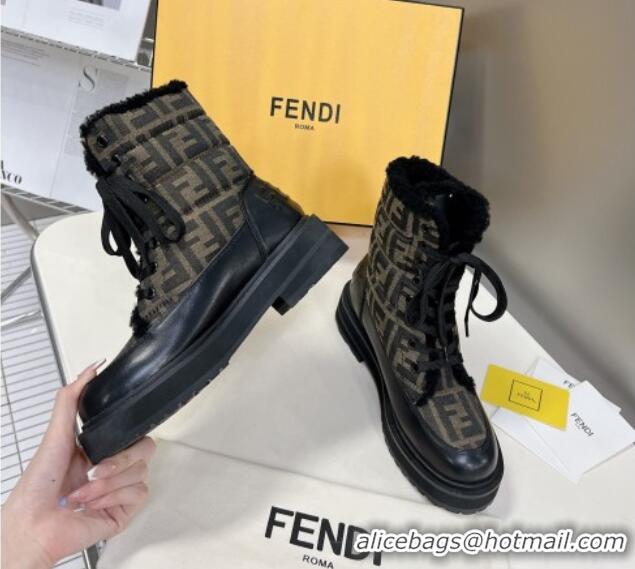 Perfect Fendi Signature Lace-up Ankle Biker Boots in FF Fabric and Wool Black/Khaki 100983