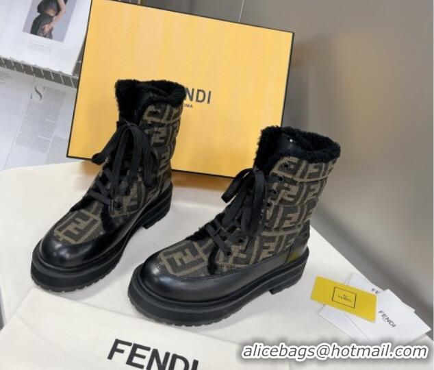 Perfect Fendi Signature Lace-up Ankle Biker Boots in FF Fabric and Wool Black/Khaki 100983