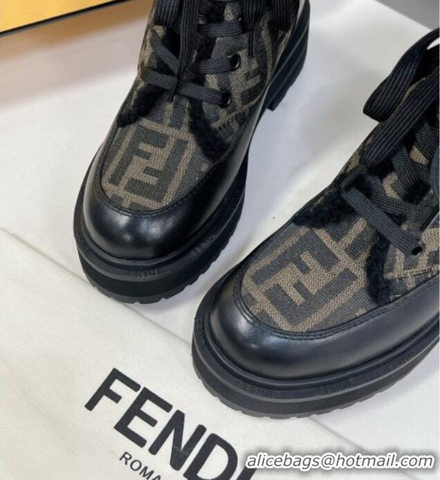 Perfect Fendi Signature Lace-up Ankle Biker Boots in FF Fabric and Wool Black/Khaki 100983