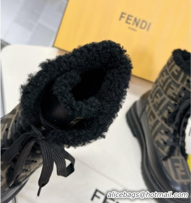 Perfect Fendi Signature Lace-up Ankle Biker Boots in FF Fabric and Wool Black/Khaki 100983