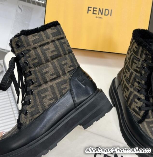 Perfect Fendi Signature Lace-up Ankle Biker Boots in FF Fabric and Wool Black/Khaki 100983