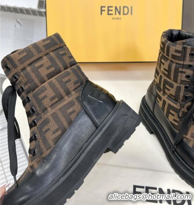 Stylish Fendi Signature Lace-up Ankle Biker Boots in FF Fabric and Leather Black/Brown 100984