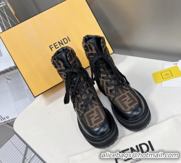 Stylish Fendi Signature Lace-up Ankle Biker Boots in FF Fabric and Leather Black/Brown 100984