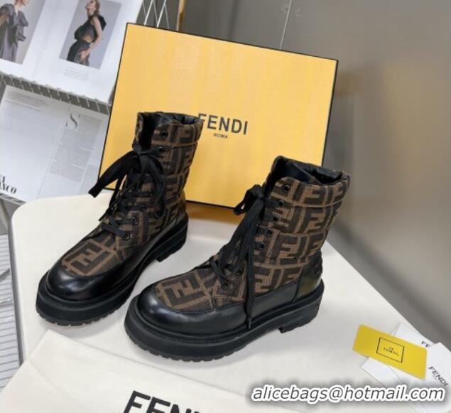 Stylish Fendi Signature Lace-up Ankle Biker Boots in FF Fabric and Leather Black/Brown 100984